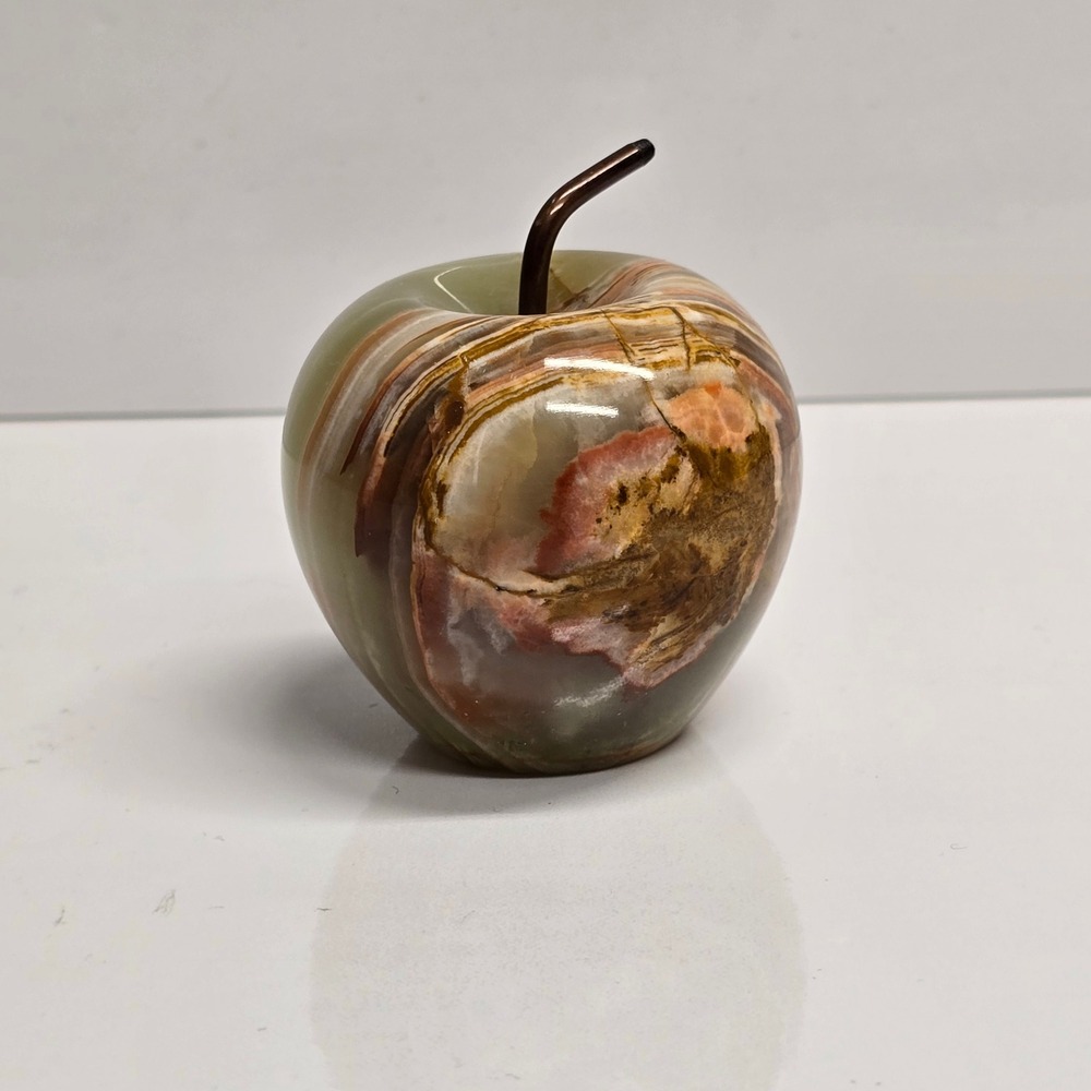 Onyx Stone Apple Figurine Green Brown Banded Marble Paperweight Decor 3"